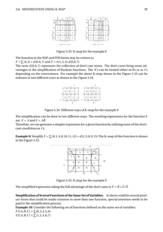 5.6. MINIMIZATION USING K-MAP 39
Figure 5.33: K-map for the example 8
The function in the SOP and POS forms may be written as
F = (4,5)+d(0,6,7) and F = π(1,2,3).d(0,6,7)
The term d(0,6,7) represents the collection of don’t-care terms. The don’t-cares bring some ad-
vantages to the simpliﬁcation of Boolean functions. The X ’s can be treated either as 0’s or as 1’s
depending on the convenience. For example the above K-map shown in the Figure 5.33 can be
redrawn in two different ways as shown in the Figure 5.34.
Figure 5.34: Different ways of K-map for the example 8
The simpliﬁcation can be done in two different ways. The resulting expressions for the function F
are: F = A and F = A ¯B
Therefore, we can generate a simpler expression for a given function by utilizing some of the don’t-
care conditions as 1’s.
Example 9: Simplify F = (0,1,4,8,10,11,12)+d(2,3,6,9,15) The K-map of this function is shown
in the Figure 5.35.
Figure 5.35: K-map for the example 9
The simpliﬁed expression taking the full advantage of the don’t cares is F = ¯B + ¯C. ¯D
Simpliﬁcation of Several Functions of the Same Set of Variables: As there could be several prod-
uct terms that could be made common to more than one function, special attention needs to be
paid to the simpliﬁcation process.
Example 10: Consider the following set of functions deﬁned on the same set of variables:
F1(A,B,C) = (0,3,4,5,6)
F2(A,B,C) = (1,2,4,6,7)
 