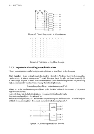 6.1. DECODER 53
Figure 6.5: Circuit diagram of 3 to 8 line decoder
Figure 6.6: Truth table of 3 to 8 line decoder
6.1.3 Implementation of higher-order decoders
Higher order decoders can be implemented using one or more lower order decoders.
3 to 8 Decoder: It can be implemented using 2 to 4 decoders. We know that 2 to 4 decoder has
two inputs, A1 & A0 and four outputs, Y3 to Y0. Whereas, 3 to 8 decoder has three inputs A2, A1
& A0 and eight outputs, Y7 to Y0. The number of lower order decoders required for implementing
higher order decoder can be obtained using the following formula.
Required number of lower order decoders = m2/m1
where, m1 is the number of outputs of lower order decoder and m2 is the number of outputs of
higher order decoder.
Here, m1=4 and m2=8. Substituting these two values in the above formula.
Required number of 2 to 4 decoders=8/4=2
Therefore, we require two 2 to 4 decoders for implementing one 3 to 8 decoder. The block diagram
of 3 to 8 decoder using 2 to 4 decoders is shown in the following Figure 6.7.
Figure 6.7: Circuit diagram of 3 to 8 decoder
 