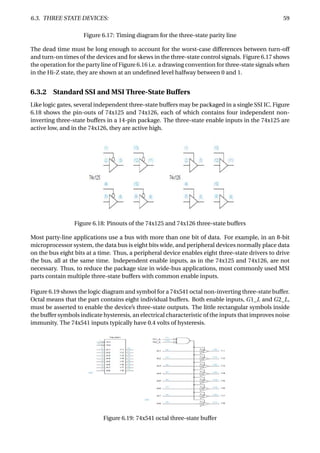 6.3. THREE STATE DEVICES: 59
Figure 6.17: Timing diagram for the three-state parity line
The dead time must be long enough to account for the worst-case differences between turn-off
and turn-on times of the devices and for skews in the three-state control signals. Figure 6.17 shows
the operation for the party line of Figure 6.16 i.e. a drawing convention for three-state signals when
in the Hi-Z state, they are shown at an undeﬁned level halfway between 0 and 1.
6.3.2 Standard SSI and MSI Three-State Buffers
Like logic gates, several independent three-state buffers may be packaged in a single SSI IC. Figure
6.18 shows the pin-outs of 74x125 and 74x126, each of which contains four independent non-
inverting three-state buffers in a 14-pin package. The three-state enable inputs in the 74x125 are
active low, and in the 74x126, they are active high.
Figure 6.18: Pinouts of the 74x125 and 74x126 three-state buffers
Most party-line applications use a bus with more than one bit of data. For example, in an 8-bit
microprocessor system, the data bus is eight bits wide, and peripheral devices normally place data
on the bus eight bits at a time. Thus, a peripheral device enables eight three-state drivers to drive
the bus, all at the same time. Independent enable inputs, as in the 74x125 and 74x126, are not
necessary. Thus, to reduce the package size in wide-bus applications, most commonly used MSI
parts contain multiple three-state buffers with common enable inputs.
Figure 6.19 shows the logic diagram and symbol for a 74x541 octal non-inverting three-state buffer.
Octal means that the part contains eight individual buffers. Both enable inputs, G1_L and G2_L,
must be asserted to enable the device’s three-state outputs. The little rectangular symbols inside
the buffer symbols indicate hysteresis, an electrical characteristic of the inputs that improves noise
immunity. The 74x541 inputs typically have 0.4 volts of hysteresis.
Figure 6.19: 74x541 octal three-state buffer
 
