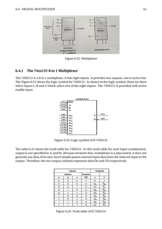 6.4. DIGITAL MULTIPLEXER 61
Figure 6.22: Multiplexer
6.4.1 The 74xx151 8 to 1 Multiplexer
The 74XX151 is a 8 to 1 multiplexer. It has eight inputs. It provides two outputs, one is active low.
The Figure 6.23 shows the logic symbol for 74XX151. As shown in the logic symbol, there are three
select inputs C,B and A which select one of the eight inputs. The 74XX151 is provided with active
enable input.
Figure 6.23: Logic symbol of IC74XX151
The table 6.24 shows the truth table for 74XX151. In this truth table for each input combination,
output is not speciﬁed in 1s and 0s. Because we know that, multiplexer is a data switch, it does not
generate any data of its own, but it simple passes external input data from the selected input to the
output. Therefore, the two output columns represent data Dn and ¯Dn respectively.
Figure 6.24: Truth table of IC74XX151
 