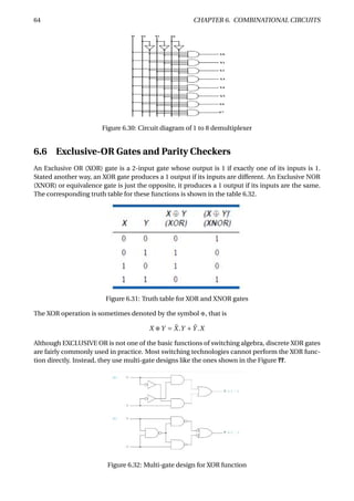 64 CHAPTER 6. COMBINATIONAL CIRCUITS
Figure 6.30: Circuit diagram of 1 to 8 demultiplexer
6.6 Exclusive-OR Gates and Parity Checkers
An Exclusive OR (XOR) gate is a 2-input gate whose output is 1 if exactly one of its inputs is 1.
Stated another way, an XOR gate produces a 1 output if its inputs are different. An Exclusive NOR
(XNOR) or equivalence gate is just the opposite, it produces a 1 output if its inputs are the same.
The corresponding truth table for these functions is shown in the table 6.32.
Figure 6.31: Truth table for XOR and XNOR gates
The XOR operation is sometimes denoted by the symbol ⊕, that is
X ⊕Y = ¯X .Y + ¯Y .X
Although EXCLUSIVE OR is not one of the basic functions of switching algebra, discrete XOR gates
are fairly commonly used in practice. Most switching technologies cannot perform the XOR func-
tion directly. Instead, they use multi-gate designs like the ones shown in the Figure ??.
Figure 6.32: Multi-gate design for XOR function
 