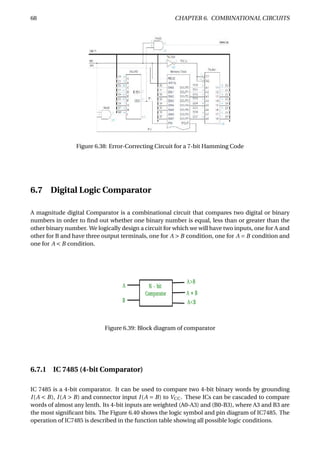 68 CHAPTER 6. COMBINATIONAL CIRCUITS
Figure 6.38: Error-Correcting Circuit for a 7-bit Hamming Code
6.7 Digital Logic Comparator
A magnitude digital Comparator is a combinational circuit that compares two digital or binary
numbers in order to ﬁnd out whether one binary number is equal, less than or greater than the
other binary number. We logically design a circuit for which we will have two inputs, one for A and
other for B and have three output terminals, one for A > B condition, one for A = B condition and
one for A < B condition.
Figure 6.39: Block diagram of comparator
6.7.1 IC 7485 (4-bit Comparator)
IC 7485 is a 4-bit comparator. It can be used to compare two 4-bit binary words by grounding
I(A < B), I(A > B) and connector input I(A = B) to VCC . These ICs can be cascaded to compare
words of almost any lenth. Its 4-bit inputs are weighted (A0-A3) and (B0-B3), where A3 and B3 are
the most signiﬁcant bits. The Figure 6.40 shows the logic symbol and pin diagram of IC7485. The
operation of IC7485 is described in the function table showing all possible logic conditions.
 