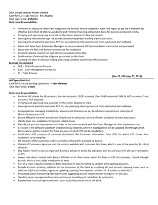 DBOI Global Services Private Limited
JOB PROFILE: Trade Finance - KYC Analyst
Total experience: 3 Months
Duties and Responsibilities
• Perform KYC checks for New Client Adoptions and Periodic Review adopted in New York region as per the framework for
effective prevention of Money Laundering and Terrorist Financing at Deutsche Bank, for business conducted in USA.
• Verifying and approving new accounts for the clients adopted in New York region.
• Investigated international high risk jurisdictional correspondent banking transaction alerts.
• Investigation of potential sanctions, PEP hits on underlying clients generated from automated alert software.
• Liaise with Sales Dept. & Business Managers to ensure relevant KYC documentation is extracted and processed.
• Liaise with the AML and Advisory compliance for escalations
• Conduct External research on each client to revalidate static data.
• Confirmation of external due diligence performed on the client
• Assisting the team in decision making and taking complete ownership of the situation
Business lines covered
• GCF – Global Corporate Finance
• CMC - Cash Management Corporate
• TF - Trade Finance
(Dec 23, 2013-Apr 07, 2014)
ING Vysya Bank Ltd.
JOB PROFILE: Core Banking Operations - Team Member
Total experience: 2 years
Duties and Responsibilities
• Perform KYC checks for SB accounts; Current accounts; CCOD accounts (Over Draft accounts); NRE & NRO accounts; Trust
accounts; HUF accounts.
• Verifying and approving new accounts for the clients adopted in India.
• Investigation of potential sanctions, PEP hits on underlying clients generated from automated alert software.
• Responsible for managing productivity, accuracy and timeliness as per benchmark requirements, reduction of
Quality/accuracy error %.
• Ensure effective and even distribution of workload on daily basis; ensure efficient utilization of team Associatess.
• Handle level one escalation, for process related issues
• Identify the process improvement initiatives in the team and work with the Team Manager for their implementation
• E-Tracker is the software used both in operations & branches, where in discrepancies will be updated and through which
Discrepancies will be resolved for those accounts in which KYC will be satisfactory.
• Verification (KYC process) of customer documents like Customer Information Form (CIF) for which KYC (Know Your
Customer) to be complied.
• CIF Creation of the customers in the system by verifying CIFs provided by Branch.
• Upload of Customers signature into the system available with customer data base, which is one of the essential & critical
activities.
• Day Tracker which is also an important & critical activity in which A/c activation part has 24 hours TAT after pre-verification
of KYC.
• Always had direct contact with Branch Officials to let them know about the flaws in KYC of customers, routed through
branch, which in turn, helps in reduction of error.
• Part of a team in Quality Analysis of Error Reduction in Data furnished by vendors while opening accounts.
• Provide account servicing solutions to the customers of the bank by resolving all post account opening issues such as
addition of joint a/c holders, signature updating, opening Term deposits, addition of LA holders to their A/c’s.
• Evaluating overall functioning of processes and suggesting ways to improve them to reduce TAT and cost.
• Handling senior management level escalations and providing end resolutions to customers.
• Experienced in critical operational units such as Quality control unit of the bank.
 