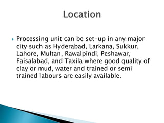  Processing unit can be set-up in any major
city such as Hyderabad, Larkana, Sukkur,
Lahore, Multan, Rawalpindi, Peshawar,
Faisalabad, and Taxila where good quality of
clay or mud, water and trained or semi
trained labours are easily available.
 
