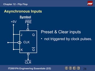 Chapter 12 - Flip Flop


Asynchronous Inputs
              Symbol
      +5V          PRE


                                Preset & Clear inputs
               J         Q
                                • not triggered by clock pulses.
                   CLK

               K         Q



                   CLR
    IT2001PA Engineering Essentials (2/2)                 28
 