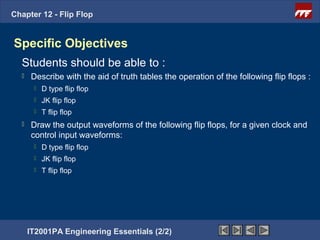 Chapter 12 - Flip Flop


Specific Objectives
  Students should be able to :
     Describe with the aid of truth tables the operation of the following flip flops :
          D type flip flop
          JK flip flop
          T flip flop
     Draw the output waveforms of the following flip flops, for a given clock and
      control input waveforms:
          D type flip flop
          JK flip flop
          T flip flop




      IT2001PA Engineering Essentials (2/2)
 