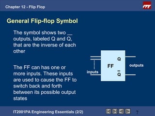 Chapter 12 - Flip Flop


General Flip-flop Symbol
    The symbol shows two
    outputs, labeled Q and Q,
    that are the inverse of each
    other
                                                          Q
                                                     FF       outputs
    The FF can has one or
                                            inputs
    more inputs. These inputs                             Q
    are used to cause the FF to
    switch back and forth
    between its possible output
    states

    IT2001PA Engineering Essentials (2/2)                        7
 