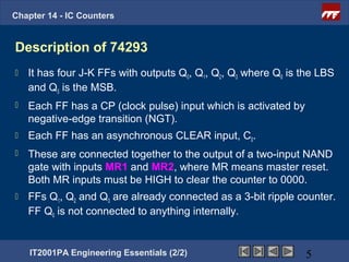 Chapter 14 - IC Counters


Description of 74293
   It has four J-K FFs with outputs Q0, Q1, Q2, Q3 where Q0 is the LBS
    and Q3 is the MSB.
   Each FF has a CP (clock pulse) input which is activated by
    negative-edge transition (NGT).
   Each FF has an asynchronous CLEAR input, C0.
   These are connected together to the output of a two-input NAND
    gate with inputs MR1 and MR2, where MR means master reset.
    Both MR inputs must be HIGH to clear the counter to 0000.
   FFs Q1, Q2 and Q3 are already connected as a 3-bit ripple counter.
    FF Q0 is not connected to anything internally.


    IT2001PA Engineering Essentials (2/2)                        5
 