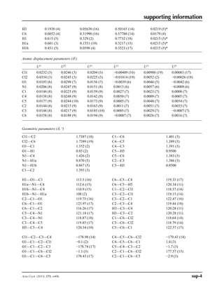 supporting information
sup-3Acta Cryst. (2015). E71, o406
4-Amino-2,6-dichlorophenol
Crystal data
C6H5Cl2NO
Mr = 178.02
Monoclinic, P21/n
Hall symbol: -P 2yn
a = 4.6064 (5) Å
b = 11.7569 (12) Å
c = 13.2291 (13) Å
β = 96.760 (5)°
V = 711.47 (13) Å3
Z = 4
F(000) = 363.7579
Dx = 1.662 Mg m−3
Cu Kα radiation, λ = 1.54178 Å
Cell parameters from 5198 reflections
θ = 5.1–72.2°
µ = 7.59 mm−1
T = 120 K
Plate, colourless
0.4 × 0.2 × 0.1 mm
Data collection
Bruker D8 Venture CMOS
diffractometer
Radiation source: microfocus Cu
HELIOS MX monochromator
Detector resolution: 102.4 pixels mm-1
φ and ω scans
Absorption correction: multi-scan
(SADABS; Bruker, 2014)
Tmin = 0.425, Tmax = 0.754
7481 measured reflections
1402 independent reflections
1273 reflections with I ≥ 2σ(I)
Rint = 0.043
θmax = 72.2°, θmin = 5.1°
h = −5→5
k = −14→14
l = −12→16
Refinement
Refinement on F2
Least-squares matrix: full
R[F2
 2σ(F2
)] = 0.033
wR(F2
) = 0.091
S = 1.05
1402 reflections
99 parameters
2 restraints
7 constraints
H atoms treated by a mixture of independent
and constrained refinement
w = 1/[σ2
(Fo
2
) + (0.0618P)2
+ 0.1912P]
where P = (Fo
2
+ 2Fc
2
)/3
(Δ/σ)max  0.001
Δρmax = 0.33 e Å−3
Δρmin = −0.35 e Å−3
Special details
Experimental. Absorption correction: SADABS-2014/4 (Bruker, 2014) was used for absorption correction. wR2(int) was
0.1370 before and 0.0641 after correction. The Ratio of minimum to maximum transmission is 0.5642. The λ/2 correction
factor is 0.00150.
Fractional atomic coordinates and isotropic or equivalent isotropic displacement parameters (Å2
)
x y z Uiso*/Ueq
Cl1 0.10618 (10) 0.09750 (4) 0.70434 (3) 0.02213 (17)
Cl2 0.79187 (11) 0.44532 (4) 0.61176 (4) 0.02666 (18)
O1 0.4519 (3) 0.30303 (12) 0.74687 (10) 0.0214 (3)
N1 0.4522 (4) 0.13356 (14) 0.35171 (12) 0.0199 (4)
C1 0.4563 (4) 0.26523 (16) 0.65055 (14) 0.0176 (4)
C4 0.4607 (4) 0.17796 (16) 0.45234 (13) 0.0176 (4)
C5 0.6112 (4) 0.27756 (16) 0.48060 (14) 0.0196 (4)
H5 0.7170 (4) 0.31620 (16) 0.43359 (14) 0.0235 (5)*
C2 0.3011 (4) 0.16753 (16) 0.61822 (14) 0.0171 (4)
C3 0.3014 (4) 0.12337 (16) 0.52110 (14) 0.0182 (4)
 