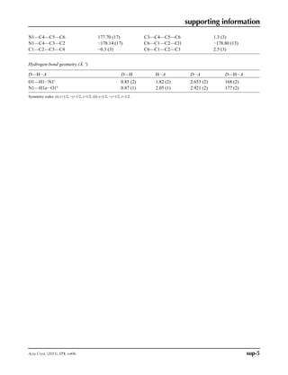 supporting information
sup-4Acta Cryst. (2015). E71, o406
H3 0.1938 (4) 0.05638 (16) 0.50165 (14) 0.0219 (5)*
C6 0.6052 (4) 0.31990 (16) 0.57788 (14) 0.0179 (4)
H1 0.615 (5) 0.329 (2) 0.7732 (18) 0.0215 (5)*
H1a 0.601 (3) 0.1551 (19) 0.3217 (15) 0.0215 (5)*
H1b 0.451 (5) 0.0598 (4) 0.3523 (17) 0.0215 (5)*
Atomic displacement parameters (Å2
)
U11
U22
U33
U12
U13
U23
Cl1 0.0232 (3) 0.0246 (3) 0.0204 (3) −0.00409 (16) 0.00988 (19) 0.00083 (17)
Cl2 0.0334 (3) 0.0245 (3) 0.0225 (3) −0.01014 (19) 0.0052 (2) −0.00026 (18)
O1 0.0193 (6) 0.0298 (7) 0.0156 (7) −0.0039 (6) 0.0046 (5) −0.0042 (6)
N1 0.0206 (8) 0.0247 (9) 0.0151 (8) 0.0013 (6) 0.0057 (6) −0.0009 (6)
C1 0.0146 (8) 0.0225 (9) 0.0159 (9) 0.0027 (7) 0.0023 (7) 0.0008 (7)
C4 0.0138 (8) 0.0248 (9) 0.0142 (9) 0.0050 (7) 0.0009 (7) 0.0005 (7)
C5 0.0177 (9) 0.0244 (10) 0.0173 (9) 0.0005 (7) 0.0048 (7) 0.0054 (7)
C2 0.0144 (8) 0.0215 (9) 0.0163 (9) 0.0011 (7) 0.0051 (7) 0.0035 (7)
C3 0.0148 (8) 0.0217 (9) 0.0185 (10) 0.0005 (7) 0.0029 (7) −0.0007 (7)
C6 0.0158 (8) 0.0188 (9) 0.0194 (9) −0.0007 (7) 0.0026 (7) 0.0016 (7)
Geometric parameters (Å, º)
Cl1—C2 1.7387 (18) C1—C6 1.401 (3)
Cl2—C6 1.7389 (19) C4—C5 1.389 (3)
O1—C1 1.352 (2) C4—C3 1.391 (3)
O1—H1 0.85 (2) C5—H5 0.9500
N1—C4 1.426 (2) C5—C6 1.383 (3)
N1—H1a 0.870 (5) C2—C3 1.386 (3)
N1—H1b 0.867 (5) C3—H3 0.9500
C1—C2 1.393 (3)
H1—O1—C1 113.3 (16) C6—C5—C4 119.33 (17)
H1a—N1—C4 112.6 (15) C6—C5—H5 120.34 (11)
H1b—N1—C4 110.9 (15) C1—C2—Cl1 118.37 (14)
H1b—N1—H1a 108 (2) C3—C2—Cl1 119.15 (14)
C2—C1—O1 119.75 (16) C3—C2—C1 122.47 (16)
C6—C1—O1 123.97 (17) C2—C3—C4 119.44 (18)
C6—C1—C2 116.26 (17) H3—C3—C4 120.28 (11)
C5—C4—N1 121.18 (17) H3—C3—C2 120.28 (11)
C3—C4—N1 118.87 (18) C1—C6—Cl2 118.64 (14)
C3—C4—C5 119.85 (17) C5—C6—Cl2 118.79 (14)
H5—C5—C4 120.34 (10) C5—C6—C1 122.57 (17)
Cl1—C2—C3—C4 −178.98 (14) C4—C5—C6—Cl2 −179.43 (14)
O1—C1—C2—Cl1 −0.1 (2) C4—C5—C6—C1 1.0 (3)
O1—C1—C2—C3 −178.74 (17) C5—C4—C3—C2 −1.7 (3)
O1—C1—C6—Cl2 −1.1 (3) C2—C1—C6—Cl2 177.57 (13)
O1—C1—C6—C5 178.43 (17) C2—C1—C6—C5 −2.9 (3)
 