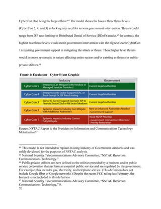 20
CyberCon One being the largest theat.64 The model shows the lowest three threat levels
(CyberCon 5, 4, and 3) as lacking any need for serious government intervention. Threats could
range from ISP rate-limiting to Distributed Denial of Service (DDoS) attacks.65 In contrast, the
highest two threat levels would merit government intervention with the highest level (CyberCon
1) requiring government support in mitigating the attack or threat. These higher level threats
would be more systematic in nature effecting entire sectors and/or existing as threats to public-
private utilities.66
Figure 1: Escalation – Cyber Event Graphic
Source: NSTAC Report to the President on Information and Communications Technology
Mobilization67
																																																								
64 This model is not intended to replace existing industry or Government standards and was
solely developed for the purposes of NSTAC analysis.
65 National Security Telecommunications Advisory Committee, “NSTAC Report on
Communications Technology.”
66 Public-private utilities are here defined as the utilities provided by a business and/or public
service corporation that perform an essential public service and are regulated by the government.
For example, this includes gas, electricity, and telephone service. (This definition does not
include Google fiber or Google networks.) Despite the recent FCC ruling last February, the
Internet is not included in this definition.
67 National Security Telecommunications Advisory Committee, “NSTAC Report on
Communications Technology,” 8.
 