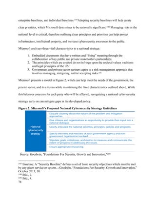 78
enterprise baselines, and individual baselines.197Adopting security baselines will help create
clear priorities, which Microsoft determines to be nationally significant.198 Managing risks at the
national level is critical, therefore outlining clear principles and priorities can help protect
infrastructure, intellectual property, and increase cybersecurity awareness to the public.
Microsoft analyzes three vital characteristics to a national strategy:
1. Embedded documents that have written and “living” meaning through the
collaboration of key public and private stakeholders partnerships;
2. The principles which are created do not infringe upon the societal values traditions
and legal principles of the US;
3. Government and private sector partners agree to a risk-management approach that
involves managing, mitigating, and/or accepting risks.199
Microsoft presents a model in Figure 2, which can help meet the needs of the government, the
private sector, and its citizens while maintaining the three characteristics outlined above. While
this balances concerns for each party who will be affected, recognizing a national cybersecurity
strategy early on can mitigate gaps in the developed policy.
Figure 2: Microsoft’s Proposed National Cybersecurity Strategy Guidelines
	 Source: Goodwin, "Foundations For Security, Growth and Innovation,"200
																																																								
197 Baseline: A “Security Baseline” defines a set of basic security objectives which must be met
by any given service or system. ; Goodwin, “Foundations For Security, Growth and Innovation,”
October 2013, 10.
198 Ibid., 9.
199 Ibid., 4.
 