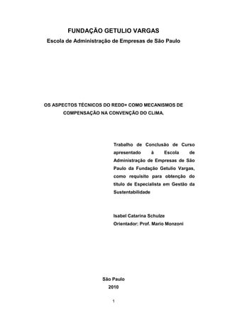 1
FUNDAÇÃO GETULIO VARGAS
Escola de Administração de Empresas de São Paulo
OS ASPECTOS TÉCNICOS DO REDD+ COMO MECANISMOS DE
COMPENSAÇÃO NA CONVENÇÃO DO CLIMA.
Trabalho de Conclusão de Curso
apresentado à Escola de
Administração de Empresas de São
Paulo da Fundação Getulio Vargas,
como requisito para obtenção do
título de Especialista em Gestão da
Sustentabilidade
Isabel Catarina Schulze
Orientador: Prof. Mario Monzoni
São Paulo
2010
 