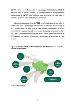 34
COP13, estava o envio da sugestão de metodologia. (PARKER et al., 2009). O
“Pequeno livro do REDD+” resumiu as diversas propostas de metodologias
apresentadas à UNFCC para implantar esta ferramenta. Ao todo são 19
propostas governamentais e 13 não-governamentais.
Já existem diversos projetos de REDD em nível subnacional, que além de
contribuírem com a preservação das florestas e reduzirem as emissões de
GEE, também estão servindo de lição para o desenvolvimento do REDD+ a
nível global. O mapa da Figura 3 demonstra onde estes projetos se encontram
e a Tabela 2 apresenta especificamente a área total e volume de emissão de
GEE evitados, que chega a 0,5 Gt CO2e, considerando-se um período de 7 até
44 anos.
Figura 3: Projetos REDD na América Latina - Total de emissões por país
e número de projetos.
Fonte: (CENAMO, 2009) (CENAMO M. C., PAVAN, C AMPOS, BARR OS, & CAR VALH O, 2009)
 