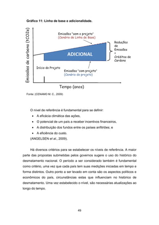 49
Gráfico 11: Linha de base e adicionalidade.
Fonte: (CENAMO M. C., 2009)
O nível de referência é fundamental para se definir:
• A eficácia climática das ações,
• O potencial de um país a receber incentivos financeiros,
• A distribuição dos fundos entre os países anfitriões; e
• A eficiência do custo.
(ANGELSEN et al., 2009).
Há diversos critérios para se estabelecer os níveis de referência. A maior
parte das propostas submetidas pelos governos sugere o uso do histórico do
desmatamento nacional. O período a ser considerado também é fundamental
como critério, uma vez que cada país tem suas medições iniciadas em tempo e
forma distintos. Outro ponto a ser levado em conta são os aspectos políticos e
econômicos do país, circunstâncias estas que influenciam no histórico de
desmatamento. Uma vez estabelecido o nível, são necessárias atualizações ao
longo do tempo.
 