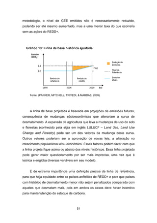 51
metodologia, o nível de GEE emitidos não é necessariamente reduzido,
podendo ser até mesmo aumentado, mas a uma menor taxa do que ocorreria
sem as ações do REDD+.
Gráfico 13: Linha de base histórica ajustada.
Fonte: (PARKER, MITCHELL, TRIVEDI, & MARDAS, 2009)
A linha de base projetada é baseada em projeções de emissões futuras,
consequência de mudanças sócioeconômicas que alterariam a curva de
desmatamento. A expansão da agricultura que leva a mudanças de uso do solo
e florestas (conhecido pela sigla em inglês LULUCF – Land Use, Land Use
Change and Forestry) pode ser um dos vetores da mudança desta curva.
Outros vetores poderiam ser a aprovação de novas leis, a alteração no
crescimento populacional e/ou econômico. Esses fatores podem fazer com que
a linha projeta fique acima ou abaixo dos níveis históricos. Essa linha projetada
pode gerar maior questionamento por ser mais imprecisa, uma vez que é
teórica e engloba diversas variáveis em seu modelo.
É de extrema importância uma definição precisa da linha de referência,
para que haja equidade entre os países anfitriões de REDD+ e para que países
com histórico de desmatamento menor não sejam penalizados comparado com
aqueles que desmatam mais, pois em ambos os casos deve haver incentivo
para mantenutenção do estoque de carbono.
 