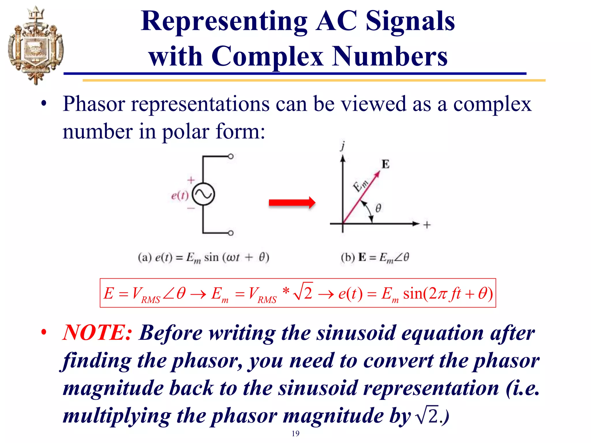 19
Representing AC Signals
with Complex Numbers
• Phasor representations can be viewed as a complex
number in polar form:
* 2 ( ) sin(2 )
RMS m RMS m
E V E V e t E ft
  
      
• NOTE: Before writing the sinusoid equation after
finding the phasor, you need to convert the phasor
magnitude back to the sinusoid representation (i.e.
multiplying the phasor magnitude by 2.)
 