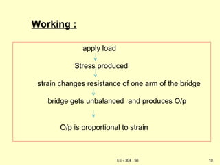 Working :
apply load
Stress produced
strain changes resistance of one arm of the bridge
bridge gets unbalanced and produces O/p
O/p is proportional to strain
10
EE - 304 . 56
 