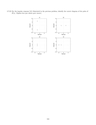 2.7.22 For the impulse response h(t) illustrated in the previous problem, identify the correct diagram of the poles of
H(s). Explain how you obtain your answer.
−2 0 2
−10
−5
0
5
10
#1
Real part
Imagpart
−2 0 2
−10
−5
0
5
10
#2
Real part
Imagpart
−2 0 2
−10
−5
0
5
10
#3
Real part
Imagpart
−2 0 2
−10
−5
0
5
10
#4
Real partImagpart
104
 