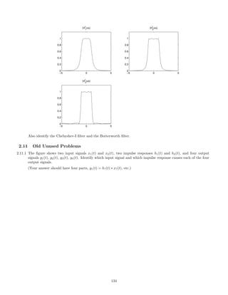 −5 0 5
0
0.2
0.4
0.6
0.8
1
|H1
f
(ω)|
−5 0 5
0
0.2
0.4
0.6
0.8
1
|H2
f
(ω)|
−5 0 5
0
0.2
0.4
0.6
0.8
1
|H3
f
(ω)|
Also identify the Chebyshev-I ﬁlter and the Butterworth ﬁlter.
2.11 Old Unused Problems
2.11.1 The ﬁgure shows two input signals x1(t) and x2(t), two impulse responses h1(t) and h2(t), and four output
signals y1(t), y2(t), y3(t), y4(t). Identify which input signal and which impulse response causes each of the four
output signals.
(Your answer should have four parts, y1(t) = h?(t) ∗ x?(t), etc.)
134
 