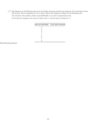 1.7.7 The diagrams on the following pages show the impulse responses and pole-zero diagrams of 8 causal discrete-time
LTI systems. But the diagrams are out of order. Match each diagram by ﬁlling out the following table.
You should do this problem without using MATLAB or any other computational tools.
In the pole-zero diagrams, the zeros are shown with ‘o’ and the poles are shown by ‘x’.
IMPULSE RESPONSE POLE-ZERO DIAGRAM
1
2
3
4
5
6
7
8
dOrderMatching/Match1
22
 