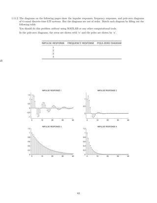 1.11.2 The diagrams on the following pages show the impulse responses, frequency responses, and pole-zero diagrams
of 4 causal discrete-time LTI systems. But the diagrams are out of order. Match each diagram by ﬁlling out the
following table.
You should do this problem without using MATLAB or any other computational tools.
In the pole-zero diagrams, the zeros are shown with ‘o’ and the poles are shown by ‘x’.
IMPULSE RESPONSE FREQUENCY RESPONSE POLE-ZERO DIAGRAM
1
2
3
4
hB
0 10 20 30 40
−1
−0.5
0
0.5
1
1.5
IMPULSE RESPONSE 1
0 10 20 30 40
0
0.5
1
IMPULSE RESPONSE 2
0 10 20 30 40
0
0.2
0.4
0.6
0.8
1
1.2
IMPULSE RESPONSE 3
0 10 20 30 40
0
0.2
0.4
0.6
0.8
1
1.2
IMPULSE RESPONSE 4
63
 