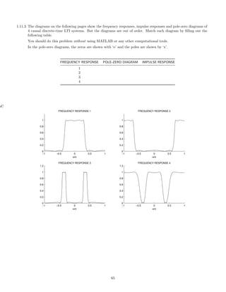 1.11.3 The diagrams on the following pages show the frequency responses, impulse responses and pole-zero diagrams of
4 causal discrete-time LTI systems. But the diagrams are out of order. Match each diagram by ﬁlling out the
following table.
You should do this problem without using MATLAB or any other computational tools.
In the pole-zero diagrams, the zeros are shown with ‘o’ and the poles are shown by ‘x’.
FREQUENCY RESPONSE POLE-ZERO DIAGRAM IMPULSE RESPONSE
1
2
3
4
hC
−1 −0.5 0 0.5 1
0
0.2
0.4
0.6
0.8
1
ω/π
FREQUENCY RESPONSE 1
−1 −0.5 0 0.5 1
0
0.2
0.4
0.6
0.8
1
ω/π
FREQUENCY RESPONSE 2
−1 −0.5 0 0.5 1
0
0.2
0.4
0.6
0.8
1
1.2
ω/π
FREQUENCY RESPONSE 3
−1 −0.5 0 0.5 1
0
0.2
0.4
0.6
0.8
1
1.2
ω/π
FREQUENCY RESPONSE 4
65
 