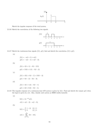 0 t
(2)
1
1
2
h2(t)
Sketch the impulse response of the total system.
2.3.16 Sketch the convolution of the following two signals.
1
0 1 2 3 4 5
t
f(t)
1
0 1 2 3 4 5
t
g(t)
2.3.17 Sketch the continuous-time signals f(t), g(t); ﬁnd and sketch the convolution f(t) ∗ g(t).
(a)
f(t) = −u(t + 1) + u(t)
g(t) = −u(t − 1) + u(t − 2).
(b)
f(t) = δ(t + 1) − δ(t − 2.5)
g(t) = 2 δ(t + 1.5) − δ(t − 2)
(c)
f(t) = δ(t) + δ(t − 1) + 2 δ(t − 2)
g(t) = δ(t − 2) − δ(t − 3).
(d)
f(t) = δ(t + 1.2) − δ(t − 1)
g(t) = δ(t + 0.3) − δ(t − 1).
2.3.18 The impulse response of a continuous-time LTI system is given by h(t). Find and sketch the output y(t) when
the input is given by x(t). Also, classify each system as BIBO stable/unstable.
(a)
h(t) = 2 e−3t
u(t).
x(t) = u(t − 2) − u(t − 3).
(b)
h(t) =
1 − |t| |t| ≤ 1
0 |t| ≥ 1
x(t) =
∞
k=−∞
δ(t − 4 k).
84
 