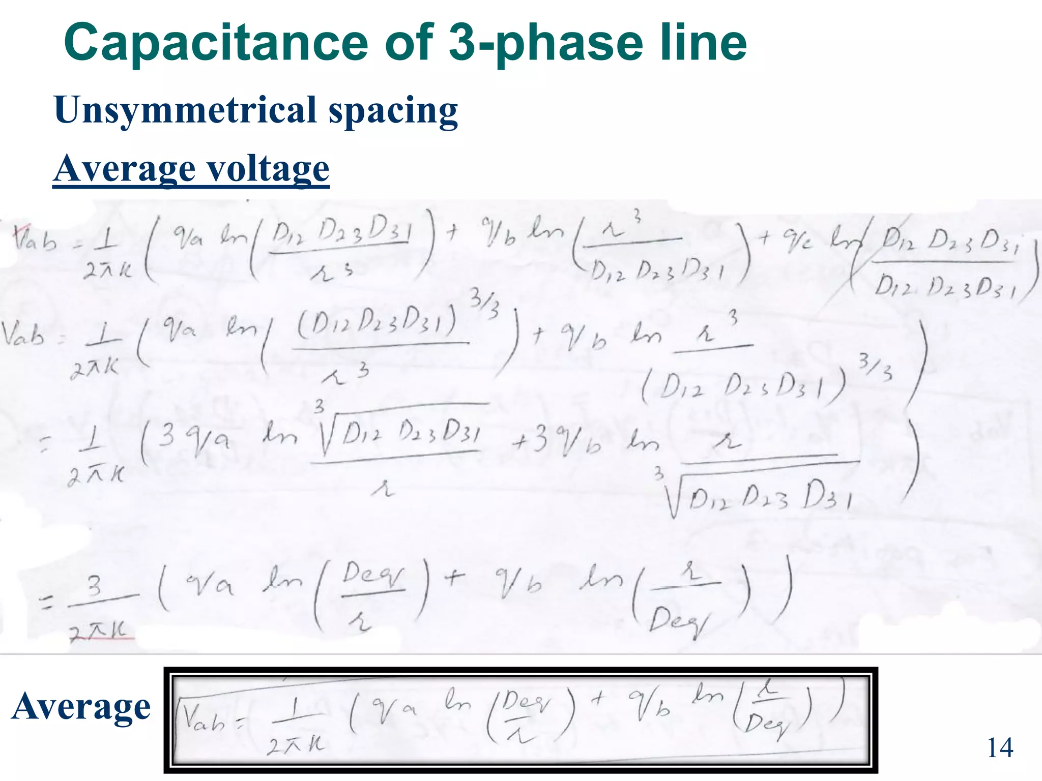 Capacitance of 3-phase line
Unsymmetrical spacing
Average voltage
14
Average
 