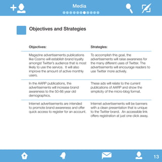 Media
Objectives and Strategies
Objectives:
Magazine advertisements publications
like Cosmo will establish brand loyalty
amongst Twitter’s audience that is most
likely to use the service. It will also
improve the amount of active monthly
users.
In the AARP publications, the
advertisements will increase brand
awareness to the 50-66 year old
demographics.
Internet advertisements are intended
to promote brand awareness and offer
quick access to register for an account.
Strategles:
To accomplish this goal, the
advertisements will raise awareness for
the many different uses of Twitter. The
advertisements will encourage readers to
use Twitter more actively.
These ads will relate to the current
publications of AARP and show the
simplicity of the micro-blog format.
Internet advertisements will be banners
with a clean presentation that is unique
to the Twitter brand. An accessible link
offers registration at just one click away.
13
 