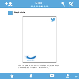 Media Mix
#BlueFeather
Media
Print. Full page white bleed ad in various magazines with a
blue feather and the slogan: “#BlueFeather.”
15
 