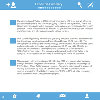 Executive Summary
The introduction of Twitter in 2006 marks the beginning of the company’s efforts to
pioneer and shape the field of microblogging. Over the last eight years, Twitter has
blossomed into a leader within the social media industry and boasts unlimited growth
potential. Twitter makes clear their mission: To give EVERYONE the power to create
and share ideas and information instantly, without barriers.
After conducting primary research and gathering indicative statistics, it is determined
that the primary target audience will be male and female 18-34 years old. This
demographic is already savvy with technology, and in order to expand Twitter’s users,
we have selected a secondary target audience of 50-66 year olds. Both target
audiences will understand the simplicity and convenience of Twitter via our
“#BlueFeather” campaign. The campaign will explain the pitch that Twitter is for
everyone. It connects us all and there is something on Twitter for everyone.
This campaign will run from August 2015 to July 2016 and feature advertisements
through television, magazines and internet. The plan is to operate on a budget of
$122 million - 2% of Twitter’s annual revenue. Our goal is to increase the amount of
monthly active users by 19%, or 12 million total. Twitter’s social network ad
revenue share in the US will also increase from 12.7% to 16%, all while promoting
brand awareness in an untapped demographic.
2
 