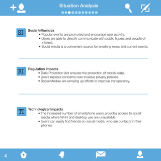 Situation Analysis
Social Influences
	 • Popular events are promoted and encourage user activity.
	 • Users are able to directly communicate with public figures and people of 		
interest.
	 • Social media is a convenient source for breaking news and current events.
Regulation Impacts
	 • Data Protection Act ensures the protection of mobile data.
	 • Users express concerns over invasive privacy policies.
	 • Social Medias are ramping up efforts to improve transparency.
Technological Impacts
	 • The increased number of smartphone users provides access to social 		
	 media where Wi-Fi and desktop use are unavailable.
	 • Users can easily find friends on social media, who are contacts in their 		
	 phones.
SI
RI
TI
4
 