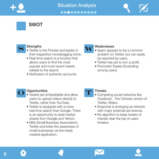 Situation Analysis
Strengths
• Twitter is the Pioneer and leader in 	
their respective microblogging niche.
• Real-time search is a function that 	
allows users to find the most
popular and most recent tweets 	
related to the search.
• Verification of authentic accounts.
Opportunities
• Tweets are embeddable and allow 	
users to upload videos directly to 	
Twitter, rather than YouTube.
• Twitter is equipped with a more
real-time search than Google. There 	
is an opportunity to steal market 		
shares from Google and Yahoo!.
• SBA (Small Business Association): 	
Twitter promotes the awareness of 	
small businesses via the newly
created application.
Weaknesses
• Spam appears to be a common 		
problem on Twitter, but can easily 	
be reported by users.
• Twitter has yet to turn a profit.
• Promoted Tweets (frustrating 		
among users)
Threats
• Competing social networks like 		
Facebook. The Chinese version of 	
Twitter, Weibo.
• Snapchat is emerging as network	
with major potential ad revenue.
• No algorithm to keep tweets of
interest near the top of users
timeline.
S W
TO
SWOT
6
 