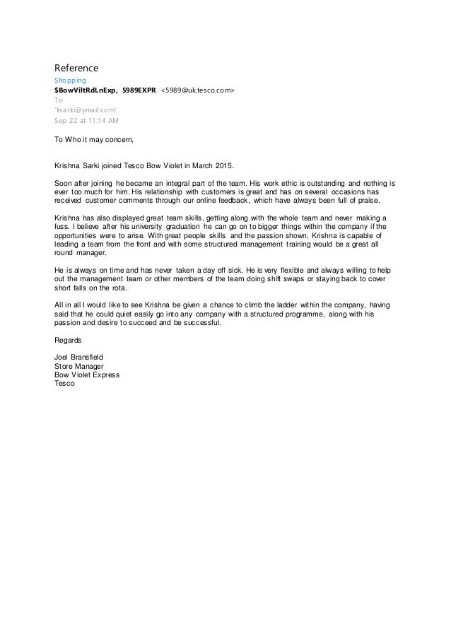 Reference from manager Tesco