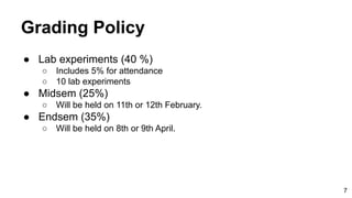 Grading Policy
● Lab experiments (40 %)
○ Includes 5% for attendance
○ 10 lab experiments
● Midsem (25%)
○ Will be held on 11th or 12th February.
● Endsem (35%)
○ Will be held on 8th or 9th April.
7
 