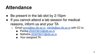 Attendance
● Be present in the lab slot by 2:10pm
● If you cannot attend a lab session for medical
reasons, inform us and your TA
○ Email sarva@ee.iitb.ac.in, nikhilk@ee.iitb.ac.in with CC to
■ Pankaj 203079013@iitb.ac.in
■ Nidhisha 203079011@iitb.ac.in
■ Your assigned TA
8
 