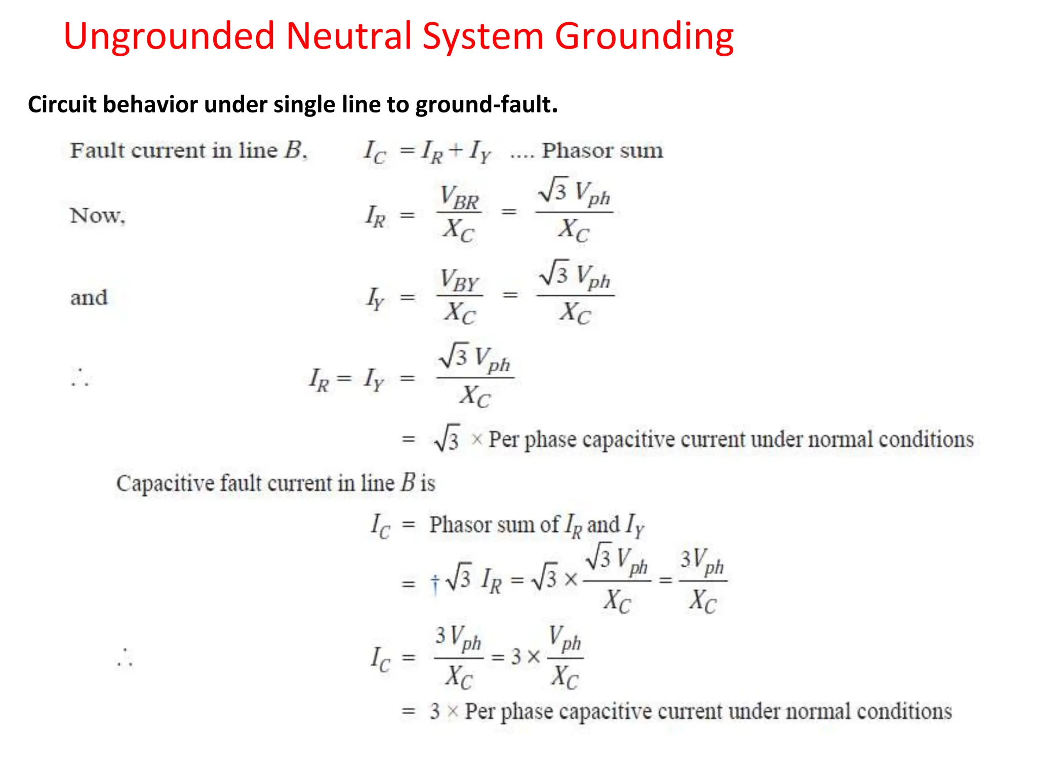 Ungrounded Neutral System Grounding
Circuit behavior under single line to ground-fault.
 