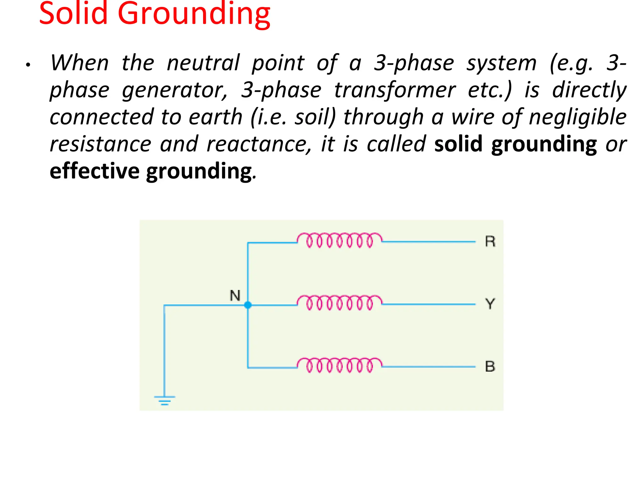 Solid Grounding
• When the neutral point of a 3-phase system (e.g. 3-
phase generator, 3-phase transformer etc.) is directly
connected to earth (i.e. soil) through a wire of negligible
resistance and reactance, it is called solid grounding or
effective grounding.
 