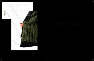 5	
 of	
 15
SHELL LINING	
 A LINING	
 B LINING	
 C INTERFACING INSULATION
FABRIC
Category Type Color Content Width Yardage Units
Shell	
  Diamond	
 Rip-­‐Stop	
  Black	
  80%	
 Nylon	
 20%	
 Poly	
  60" 3.32	
 yd 1
Lining	
 A Vertical	
 Quilted	
  Drab	
  100%	
 Nylon 60" 2.79	
 yd 1
Lining	
 B 10-­‐Mile	
 Cloth	
  Olive	
  100%	
 Nylon 60" .83	
 yd 1
Lining	
 C	
  Fleece	
  White	
  Poly	
  60" .3	
 yd 1
INT	
  Pellon	
  White	
  Poly	
  60" .56	
 yd 1
Insulation	
  Needle	
 Punch	
  White	
  Poly	
  60" .27	
 yd 1
FINDINGS
Item Description Size	
 /	
 Length Color Location Total
Zipper	
  Plastic	
 Vislon #8	
 /	
 35	
 1/4" Black	
  CF 1
Plastic	
 Vislon #5	
 /	
 6" Black	
  Outer	
 PKT,	
 Inner	
 PKT 3
Metal	
 Vislon	
  #10	
 /	
 7"	
  Black	
 /	
 Silver	
  Sleeve	
 Gusset	
  2
5	
 of	
 15
SHELL LINING	
 A LINING	
 B LINING	
 C INTERFACING INSULATION
FABRIC
Category Type Color Content Width Yardage Units
Shell	
  Diamond	
 Rip-­‐Stop	
  Black	
  80%	
 Nylon	
 20%	
 Poly	
  60" 3.32	
 yd 1
Lining	
 A Vertical	
 Quilted	
  Drab	
  100%	
 Nylon 60" 2.79	
 yd 1
Lining	
 B 10-­‐Mile	
 Cloth	
  Olive	
  100%	
 Nylon 60" .83	
 yd 1
Lining	
 C	
  Fleece	
  White	
  Poly	
  60" .3	
 yd 1
INT	
  Pellon	
  White	
  Poly	
  60" .56	
 yd 1
Insulation	
  Needle	
 Punch	
  White	
  Poly	
  60" .27	
 yd 1
FINDINGS
Item Description Size	
 /	
 Length Color Location Total
Zipper	
  Plastic	
 Vislon #8	
 /	
 35	
 1/4" Black	
  CF 1
Plastic	
 Vislon #5	
 /	
 6" Black	
  Outer	
 PKT,	
 Inner	
 PKT 3
Metal	
 Vislon	
  #10	
 /	
 7"	
  Black	
 /	
 Silver	
  Sleeve	
 Gusset	
  2
1/4 “ TS
ES
S O F T L U G G A G E
 