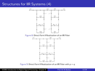 Structures for IIR Systems (4)
Figure 8: Direct Form II Realization of an IIR Filter
Figure 9: Direct Form II Realization of an IIR Filter with p = q
EE385: Introduction to Digital Signal Processing - Chapter 6 Prof. M. W. Baidas 11/19
 