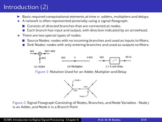 Introduction (2)
I Basic required computational elements at time n: adders, multipliers and delays.
I A network is often represented pictorially using a signal ﬂowgraph.
 Consists of directed branches that are connected at nodes.
 Each branch has input and output, with direction indicated by an arrowhead.
I There are two special types of nodes:
 Source Nodes: nodes with no incoming branches and used as inputs to ﬁlters.
 Sink Nodes: nodes with only entering branches and used as outputs to ﬁlters.
Figure 1: Notation Used for an Adder, Multiplier and Delay
Figure 2: Signal Flowgraph Consisting of Nodes, Branches, and Node Variables - Node j
is an Adder, and Node k is a Branch Point
EE385: Introduction to Digital Signal Processing - Chapter 6 Prof. M. W. Baidas 3/19
 