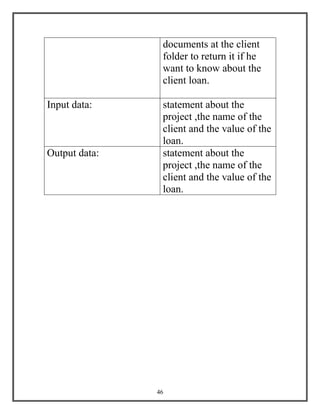 46
documents at the client
folder to return it if he
want to know about the
client loan.
Input data: statement about the
project ,the name of the
client and the value of the
loan.
Output data: statement about the
project ,the name of the
client and the value of the
loan.
 