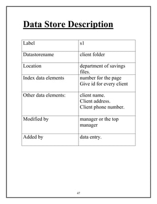 47
Data Store Description
Label s1
Datastorename client folder
Location department of savings
files.
Index data elements number for the page
Give id for every client
Other data elements: client name.
Client address.
Client phone number.
Modified by manager or the top
manager
Added by data entry.
 