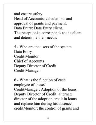 67
and ensure safety.
Head of Accounts: calculations and
approval of grants and payment.
Data Entry: Data Entry client.
The receptionist corresponds to the client
and determine their needs.
5 - Who are the users of the system
Data Entry
Credit Monitor
Chief of Accounts
Deputy Director of Credit
Credit Manager
6 - What is the function of each
employee of these?
CreditManager: Adoption of the loans.
Deputy Director of Credit: alternate
director of the adoption credit in loans
and replace him during his absence.
creditMonitor: the control of grants and
 