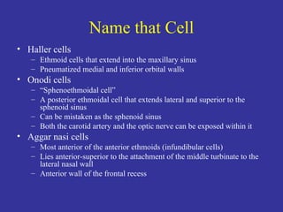 Name that Cell Haller cells Ethmoid cells that extend into the maxillary sinus Pneumatized medial and inferior orbital walls Onodi cells “ Sphenoethmoidal cell” A posterior ethmoidal cell that extends lateral and superior to the sphenoid sinus Can be mistaken as the sphenoid sinus Both the carotid artery and the optic nerve can be exposed within it Aggar nasi cells Most anterior of the anterior ethmoids (infundibular cells) Lies anterior-superior to the attachment of the middle turbinate to the lateral nasal wall Anterior wall of the frontal recess 