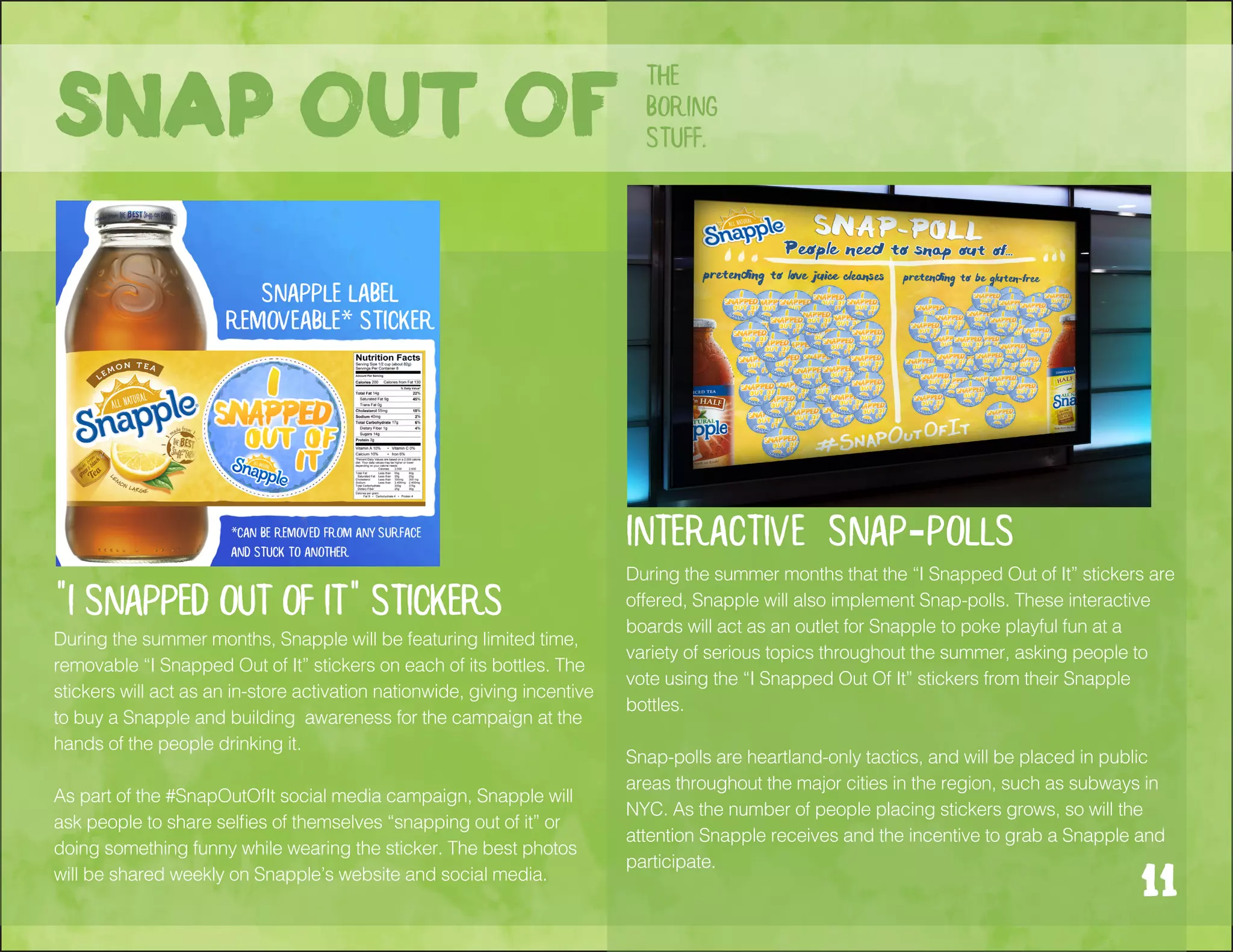 the
boring
stuff.Snap out of
11
During the summer months, Snapple will be featuring limited time,
removable “I Snapped Out of It” stickers on each of its bottles. The
stickers will act as an in-store activation nationwide, giving incentive
to buy a Snapple and building awareness for the campaign at the
hands of the people drinking it.
As part of the #SnapOutOfIt social media campaign, Snapple will
ask people to share selfies of themselves “snapping out of it” or
doing something funny while wearing the sticker. The best photos
will be shared weekly on Snapple’s website and social media.
interactive snap-polls
During the summer months that the “I Snapped Out of It” stickers are
offered, Snapple will also implement Snap-polls. These interactive
boards will act as an outlet for Snapple to poke playful fun at a
variety of serious topics throughout the summer, asking people to
vote using the “I Snapped Out Of It” stickers from their Snapple
bottles.
Snap-polls are heartland-only tactics, and will be placed in public
areas throughout the major cities in the region, such as subways in
NYC. As the number of people placing stickers grows, so will the
attention Snapple receives and the incentive to grab a Snapple and
participate.
"I Snapped Out OF It" stickers
 