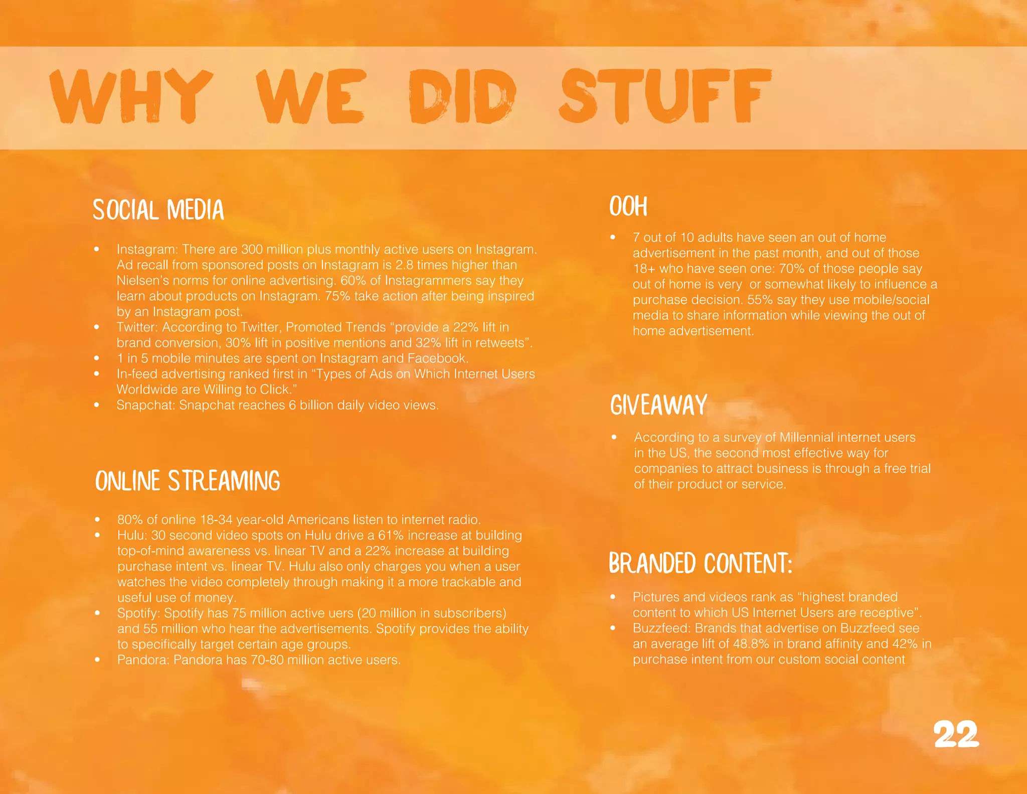 social media
online streaming
giveaway
• Instagram: There are 300 million plus monthly active users on Instagram.
Ad recall from sponsored posts on Instagram is 2.8 times higher than
Nielsen’s norms for online advertising. 60% of Instagrammers say they
learn about products on Instagram. 75% take action after being inspired
by an Instagram post.
• Twitter: According to Twitter, Promoted Trends “provide a 22% lift in
brand conversion, 30% lift in positive mentions and 32% lift in retweets”.
• 1 in 5 mobile minutes are spent on Instagram and Facebook.
• In-feed advertising ranked first in “Types of Ads on Which Internet Users
Worldwide are Willing to Click.”
• Snapchat: Snapchat reaches 6 billion daily video views.
branded content:
• Pictures and videos rank as “highest branded
content to which US Internet Users are receptive”.
• Buzzfeed: Brands that advertise on Buzzfeed see
an average lift of 48.8% in brand affinity and 42% in
purchase intent from our custom social content
• 80% of online 18-34 year-old Americans listen to internet radio.
• Hulu: 30 second video spots on Hulu drive a 61% increase at building
top-of-mind awareness vs. linear TV and a 22% increase at building
purchase intent vs. linear TV. Hulu also only charges you when a user
watches the video completely through making it a more trackable and
useful use of money.
• Spotify: Spotify has 75 million active uers (20 million in subscribers)
and 55 million who hear the advertisements. Spotify provides the ability
to specifically target certain age groups.
• Pandora: Pandora has 70-80 million active users.
OOH
• 7 out of 10 adults have seen an out of home
advertisement in the past month, and out of those
18+ who have seen one: 70% of those people say
out of home is very or somewhat likely to influence a
purchase decision. 55% say they use mobile/social
media to share information while viewing the out of
home advertisement.
• According to a survey of Millennial internet users
in the US, the second most effective way for
companies to attract business is through a free trial
of their product or service.
22
why we did stuff
 