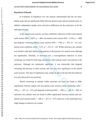 ForPeerReview
Only
OLFACTORY ENRICHMENT IN CALIFORNIA SEA LIONS 8
Hypothesis II Results
In evaluation of hypothesis two, the analysis demonstrated that the sea lions’
habitat usage did not significantly differ between natural scents and non-natural scents. In
addition, independent sample t-tests showed no differences for the enclosures, or for the
individual animals.
In the natural scent sessions, sea lions exhibited a reduction in both circle (natural
scent session t(94) = 5.047, p = .000; non-natural scent session t(94) = 4.528, p = .000)
and diagonal swimming (natural scent sessions t(94) = 1.986, p = .051, d = .41; non-
natural scent conditions, t(94) = 1.251, p = .215, d = .26). Within enclosure one, animals
were found to alter their habitat usage patterns in the presence of a natural scent, although
not significantly. Similarly, in enclosure two, a non-significant reduction in circle
swimming was found for both Sage and Kaytee when natural scents were present in the
enclosure. Although not statistically significant, it was noteworthy that diagonal
swimming did decrease in both sessions and was very near significance in the natural
scent sessions. This lack of significance may simply be due to the fact that this behavior
was only observed in one enclosure.
Pattern swimming in animals within enclosure one were not found to differ
significantly between natural and non-natural scent sessions (circle swimming, t(46) =
.499, p = .621, d = .147) and diagonal swimming (t(46) = -.089, p = .929, d = .026). In
enclosure two, animals were not found to differ significantly between natural and non-
natural scent sessions (t(46) = -.500, p = .617, d =.147). However, at the individual level
slight changes in behavior are evident.
Page 8 of 21
URL: http://mc.manuscriptcentral.com/jaaws Email: ken.shapiro@animalsandsociety.org
Journal of Applied Animal Welfare Science
1
2
3
4
5
6
7
8
9
10
11
12
13
14
15
16
17
18
19
20
21
22
23
24
25
26
27
28
29
30
31
32
33
34
35
36
37
38
39
40
41
42
43
44
45
46
47
48
49
50
51
52
53
54
55
56
57
58
59
60
 