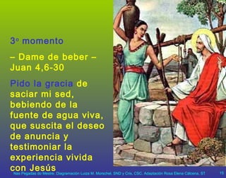 3 o  momento   –  Dame de beber – Juan 4,6-30 Pido la gracia  de saciar mi sed, bebiendo de la fuente de agua viva, que suscita el deseo de anuncia y testimoniar la experiencia vivida con Jesús 
